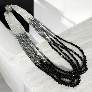 Multi Strands Faceted Shinny Beads Black, White and Silver Necklace Prom Wedding